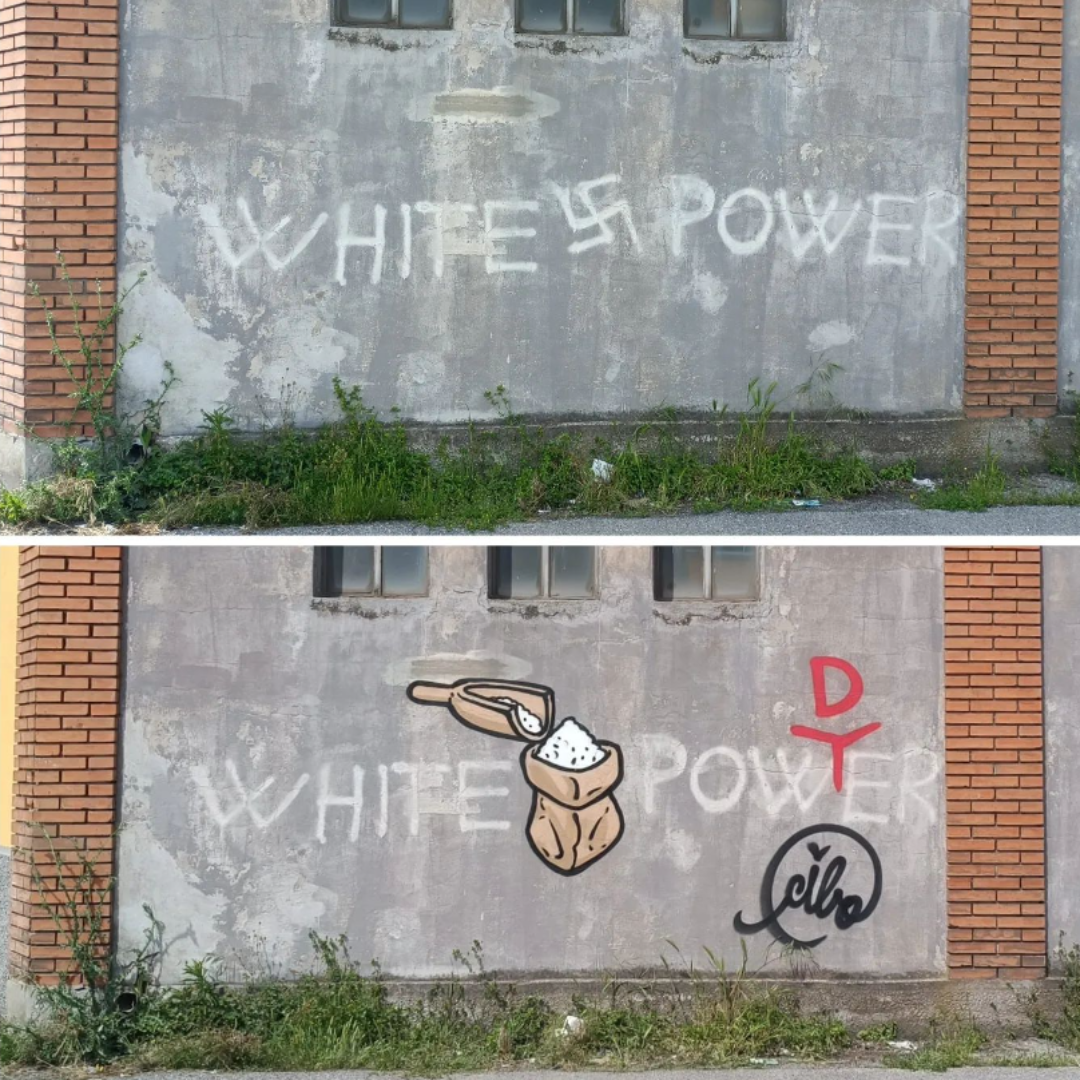 Il messaggio nazionalista di estrema destra "white power" si trasforma in farina: Street Artist CIBO